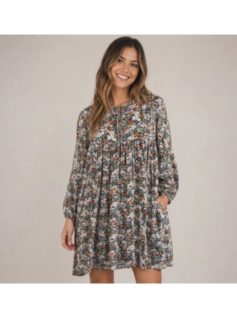 Natural Life Babydoll Mini Dress Size S Black Ditsy Floral Tassel Boho Cottage